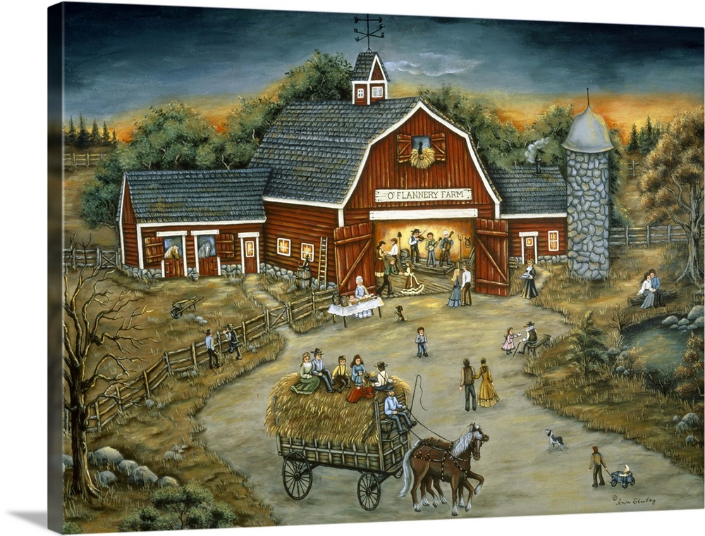 Contemporary Americana painting of an idyllic barn scene.
