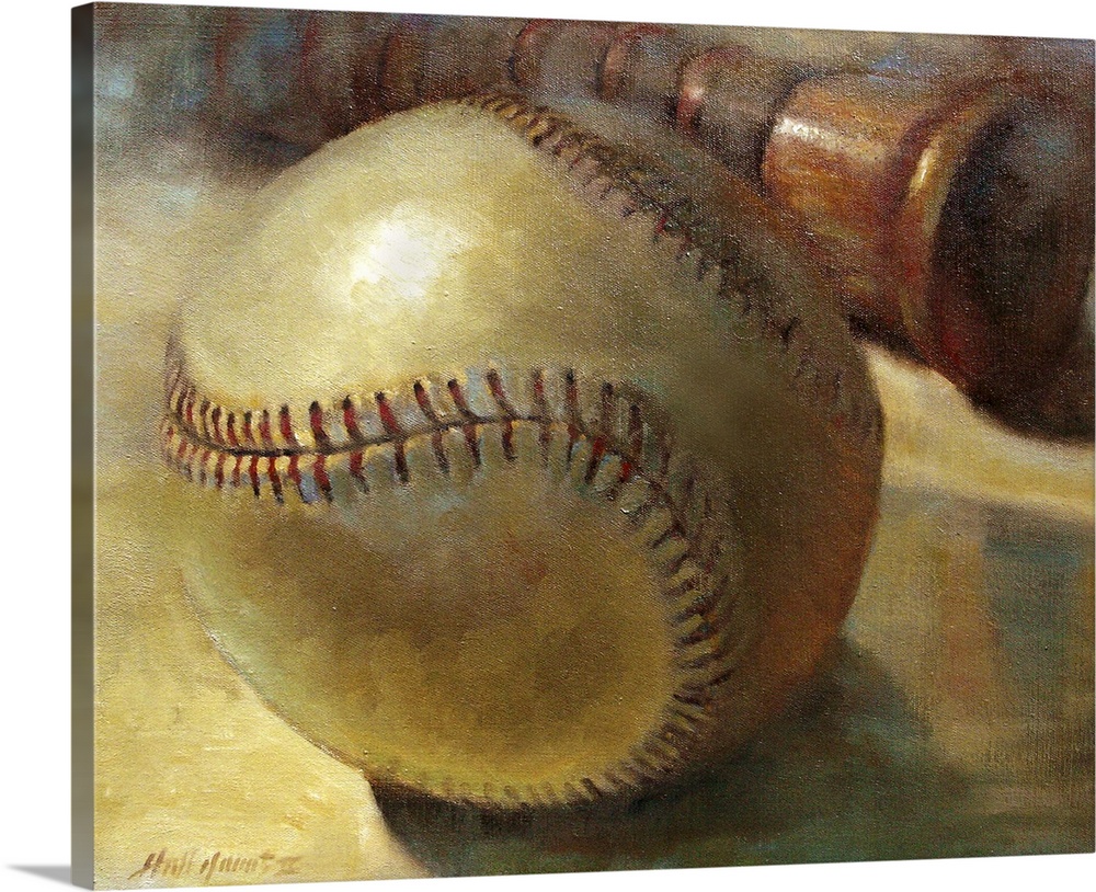 Contemporary still-life painting of a baseball and bat.