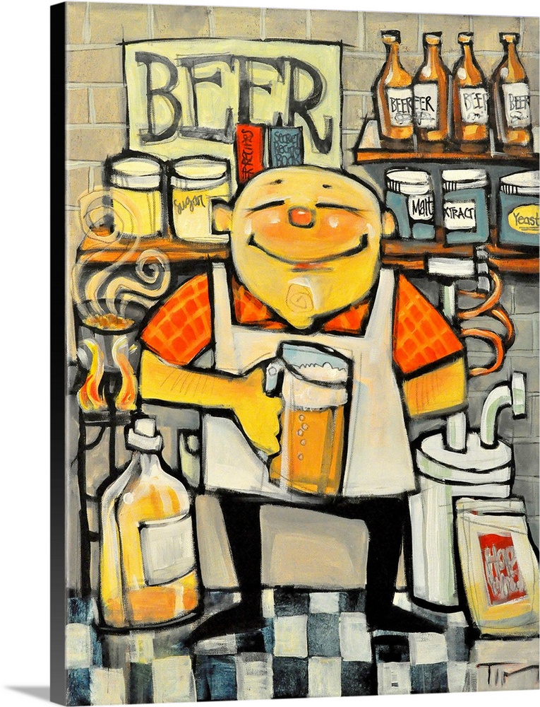 Vertical painting of a smiling man in an apron, brewing beer in a basement setting.  He is surrounded by brewing equipment...