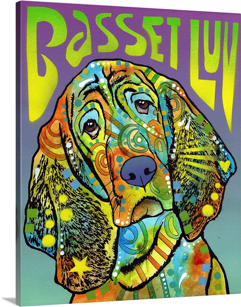 "Basset Luv" written above a colorful portrait of a Basset Hound with abstract markings.
