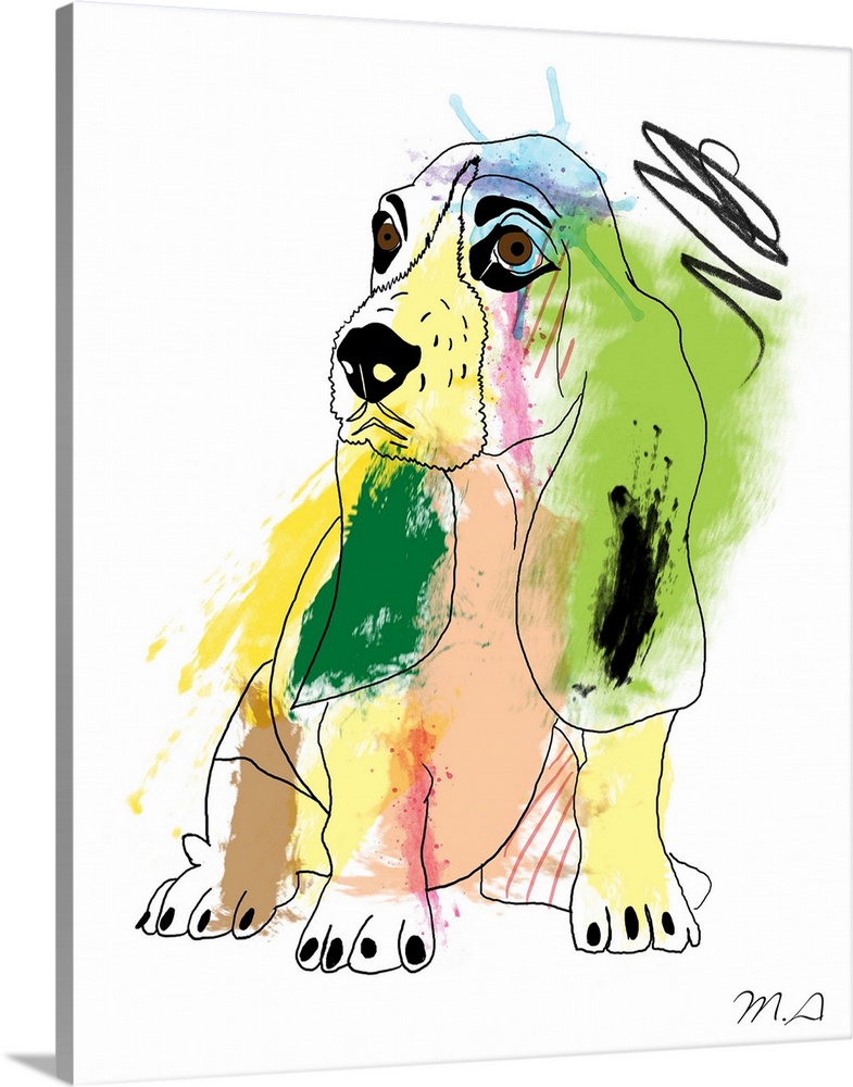 Contemporary artwork of a bassett hound with dark strokes for the outline, and an array of colors.