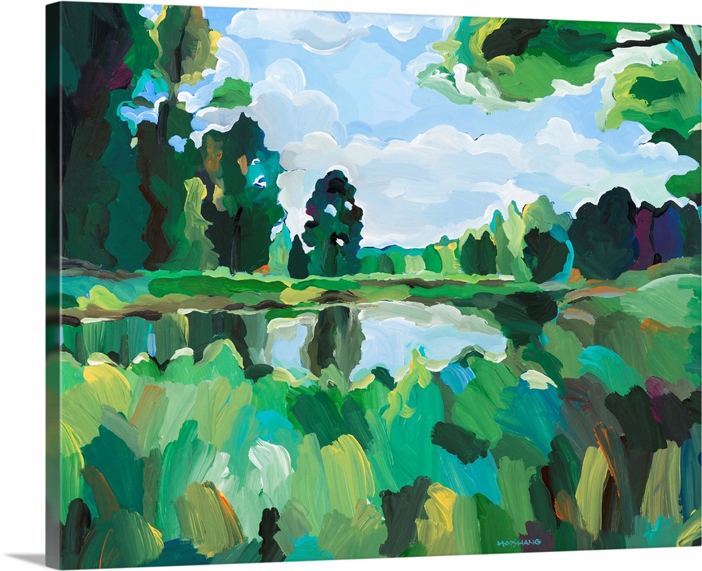 Abstract landscape painting with trees and greenery surrounding a small pond in shades of blue, green, yellow, white, and ...