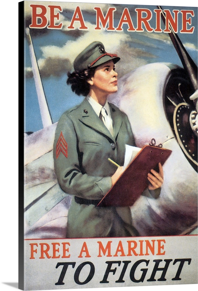Vintage propaganda artwork of a patriotic woman standing by a fighter plane.