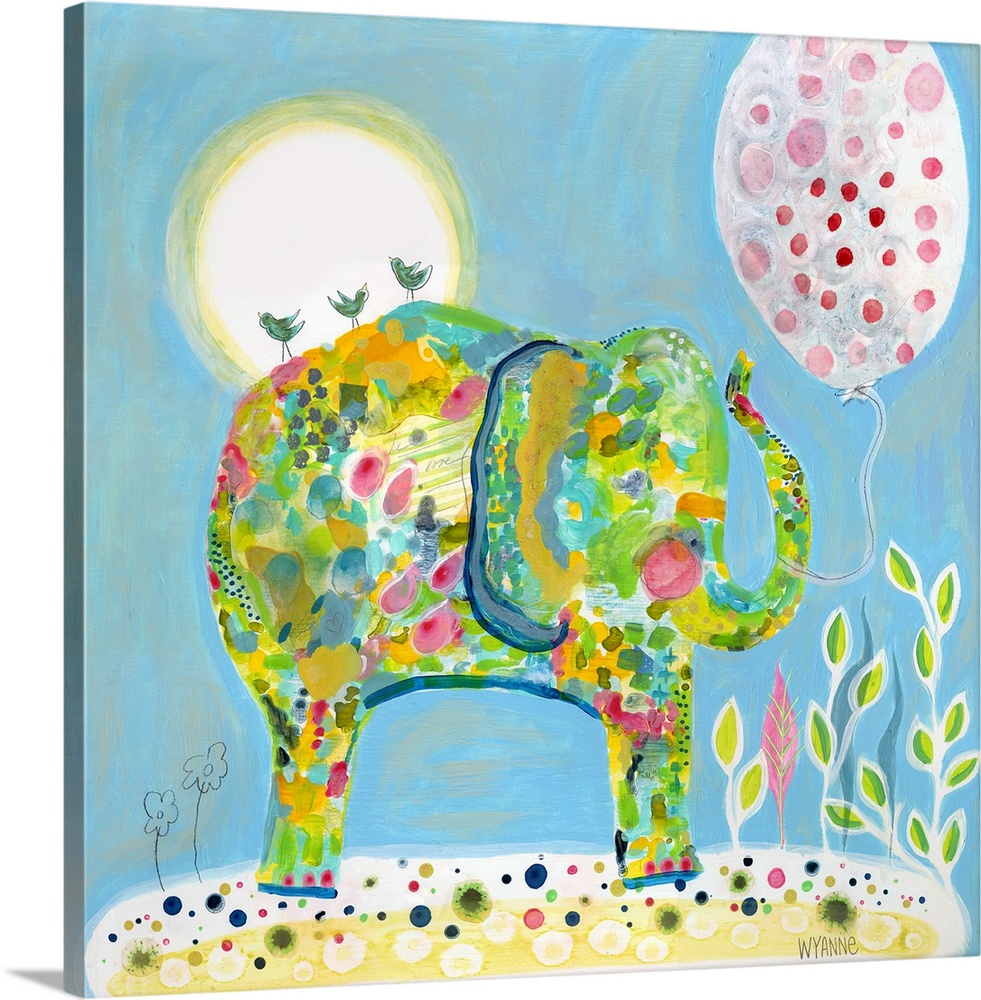 An elephant in blue and green under the sun with a pink balloon.