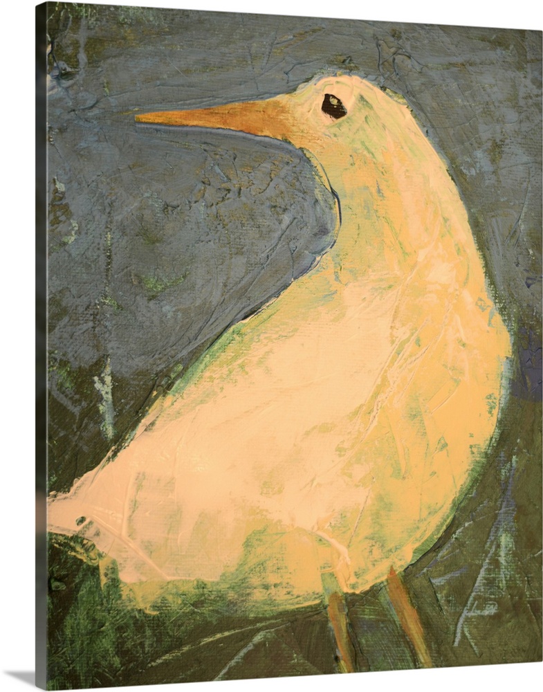 Contemporary painting of a bird with a long thin beak.