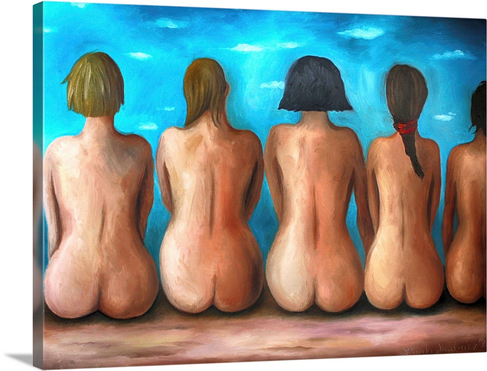 Surrealist painting of a line of nude seated women.