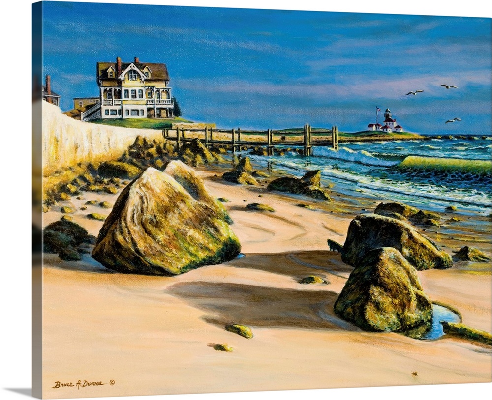 Contemporary painting of a beach scene with a house and lighthouse in the background.
