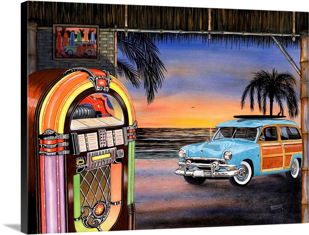 Artwork of a vintage blue woody wagon car out front of a beach hut with a lit up jukebox inside.