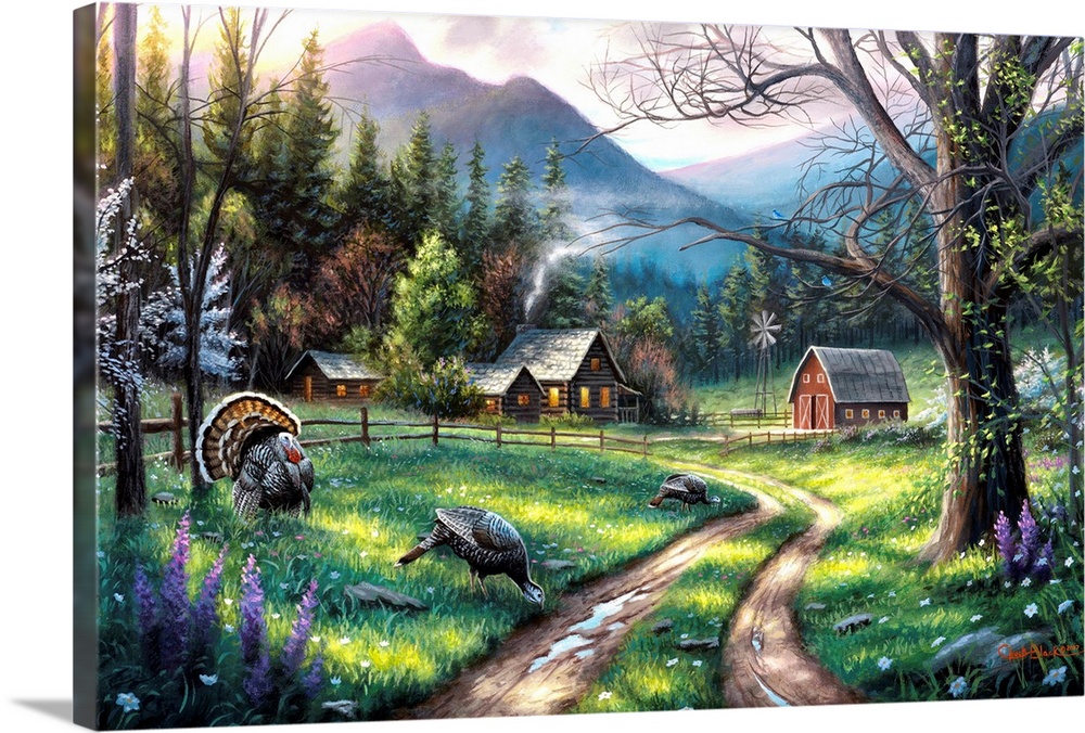 Contemporary landscape painting with a dirt road in the center leading to log cabins and a barn with wild turkeys on the s...