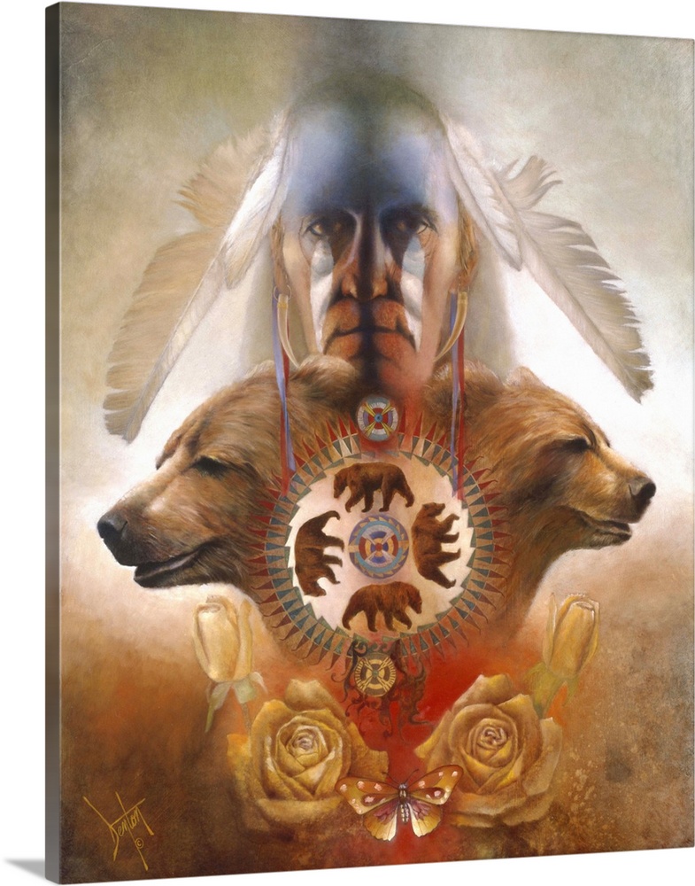A contemporary painting of a Native American man staring straight on with feathers in his hair and two brown bear profile ...