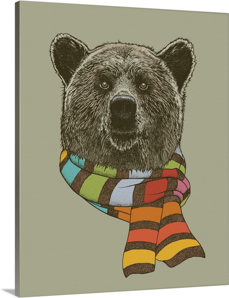 Illustration of a grizzly bear wearing a colorful, striped scarf.