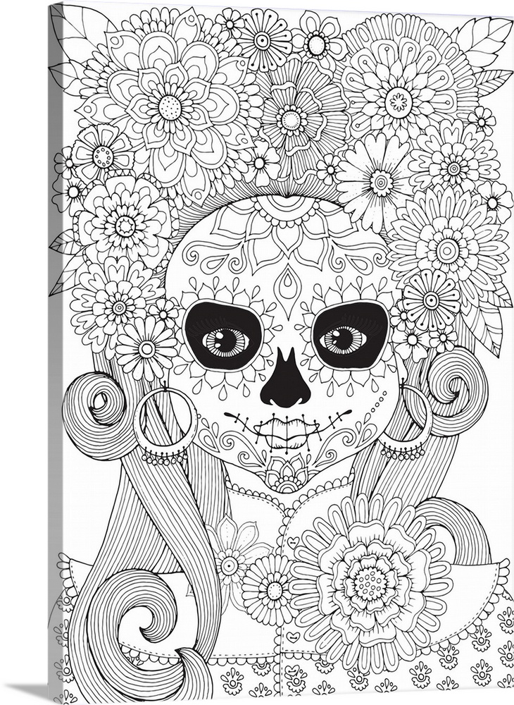 Black and white lined design of a woman with skull face paint wearing flowers on her head.