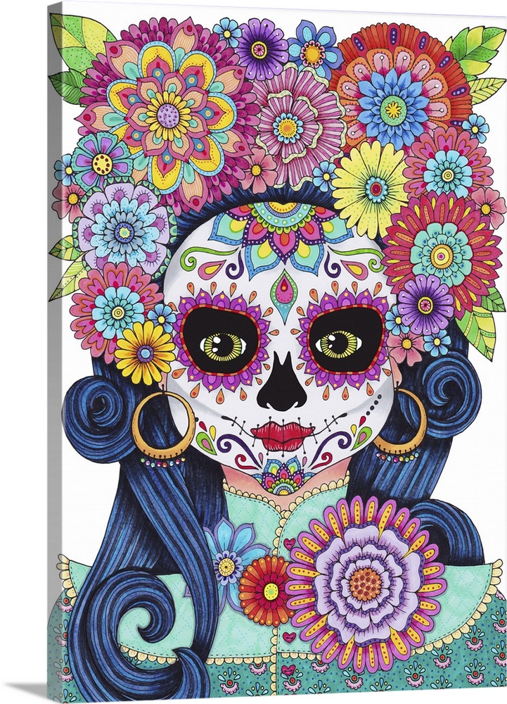 Illustration of a beautiful woman with decorative skull face paint and colorful flowers on her head.