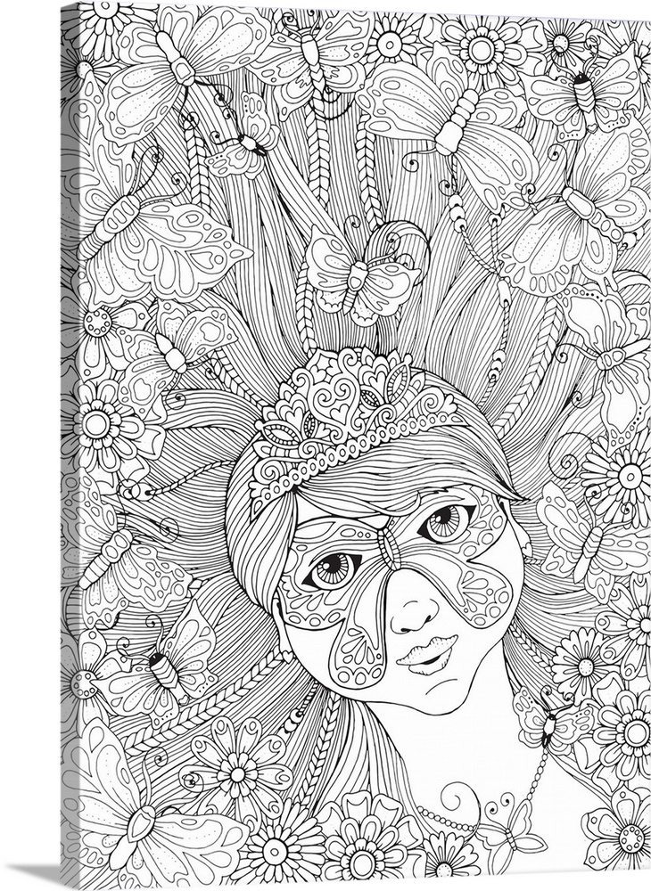 Black and white line art of an intricately designed woman with a butterfly face mask laying with her hair spread out surro...