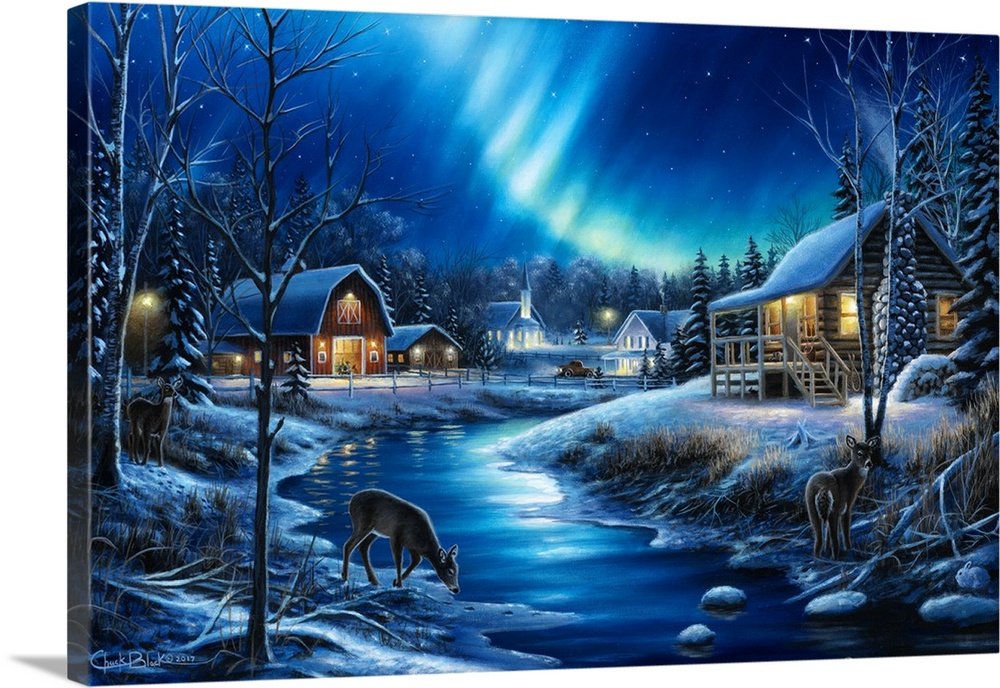 Contemporary painting of a Winter landscape at night with a barn in the background and two deer drinking water in the fore...