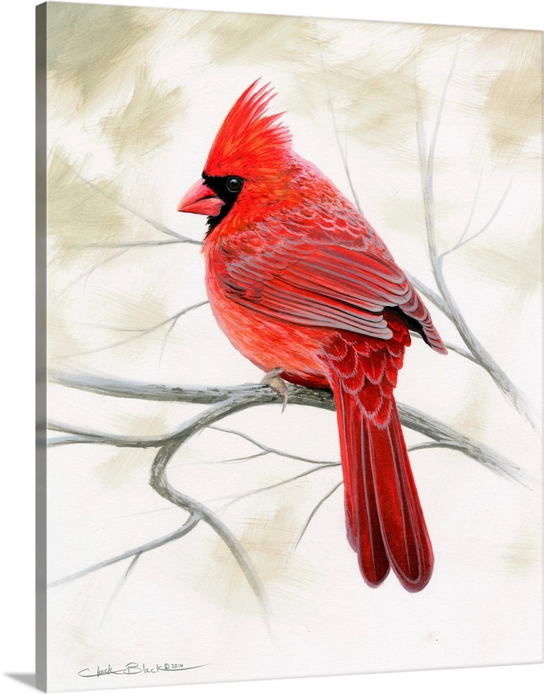 Contemporary painting of a cardinal perched on a bare branch.