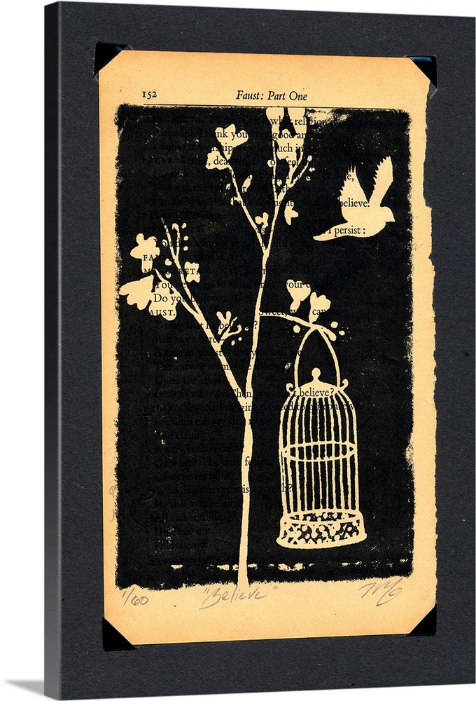 Monotone print of a bird flying over a birdcage.