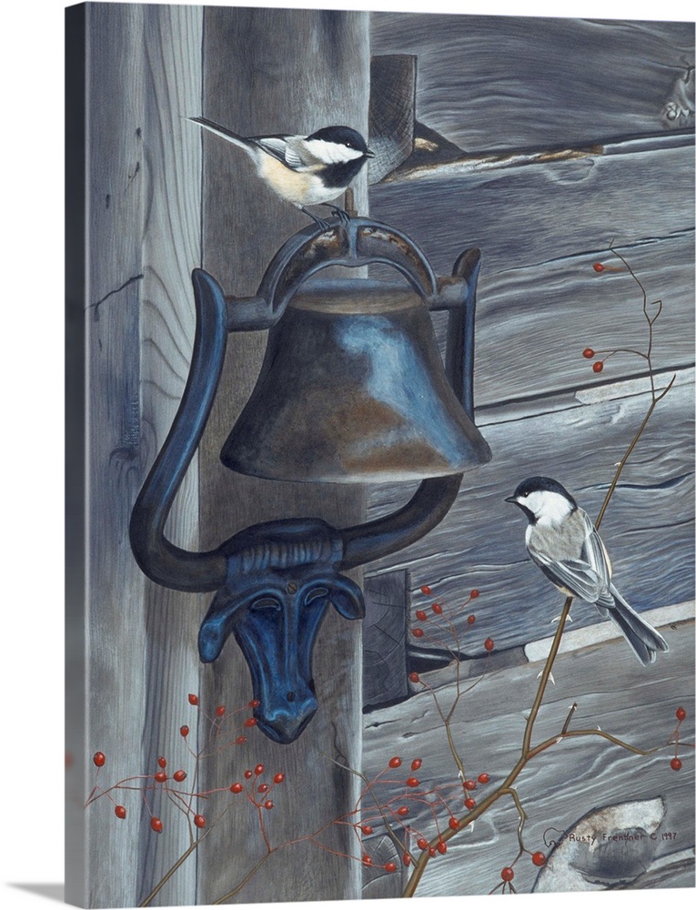 Two black capped chickadees; one perched on a bell and the other on a lower branch