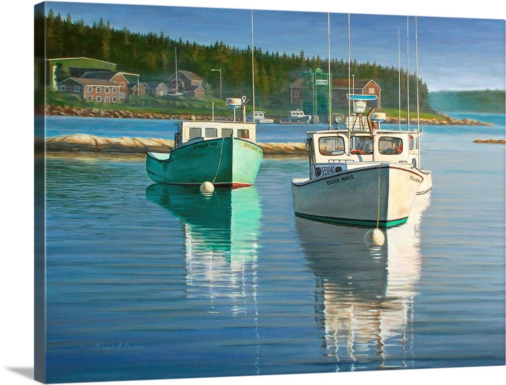 Contemporary artwork of boats in the harbor