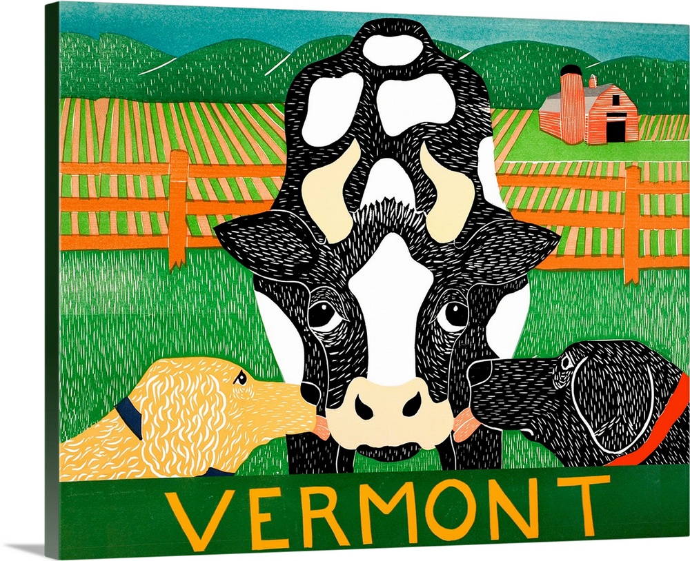 Illustration of a golden retriever and a black lab licking a cow with a farm and red barn in the background and "Vermont" ...