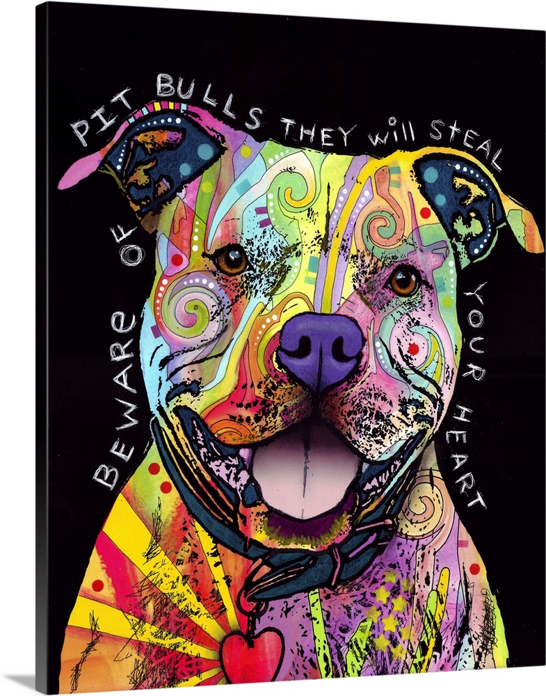 Abstract portrait of a pitbull dog with multicolored lines and shapes within its outline. The dog has a collar on and his ...