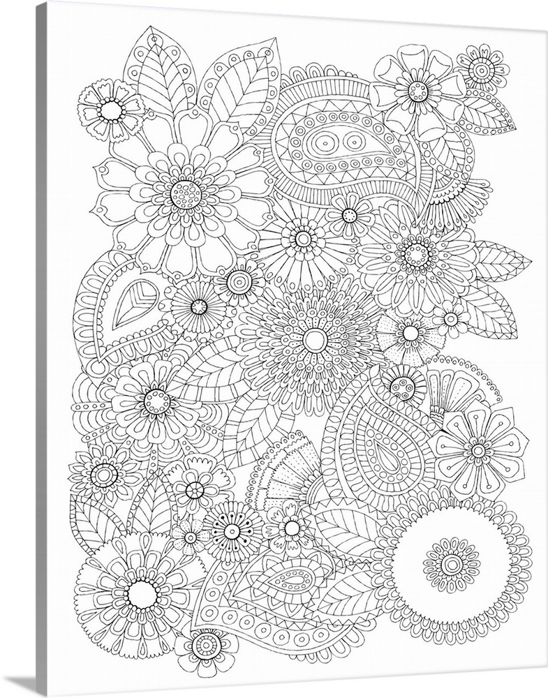 Black and white line art of intricately designed flowers.