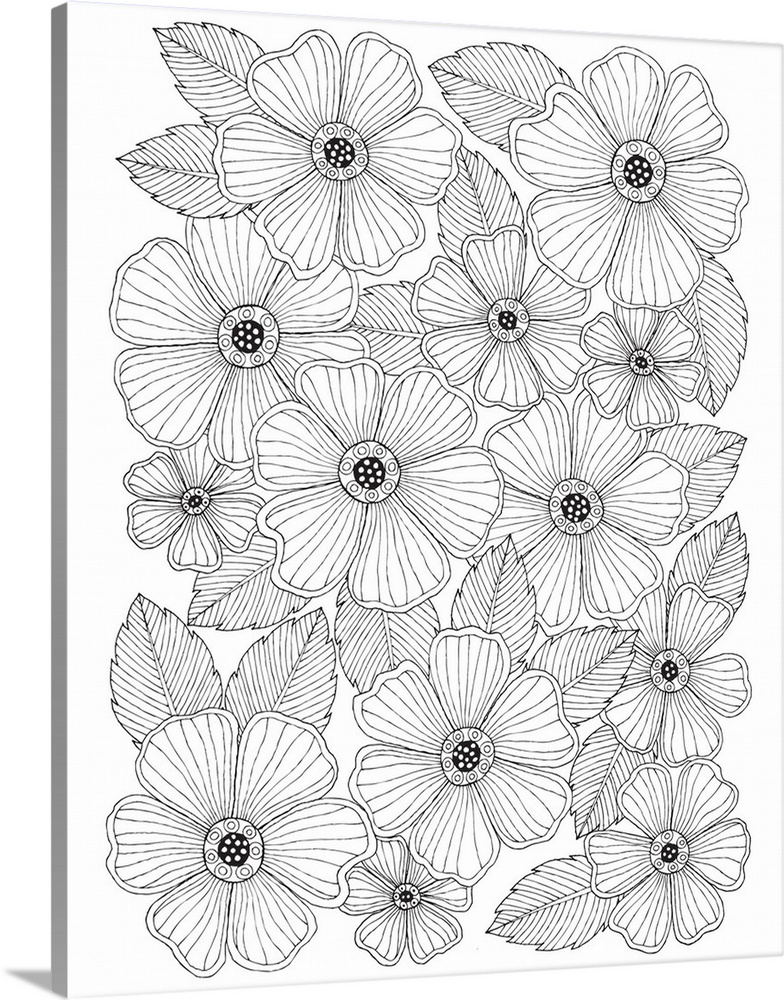 Black and white line art of a bunch of flowers all together with lined patterns.