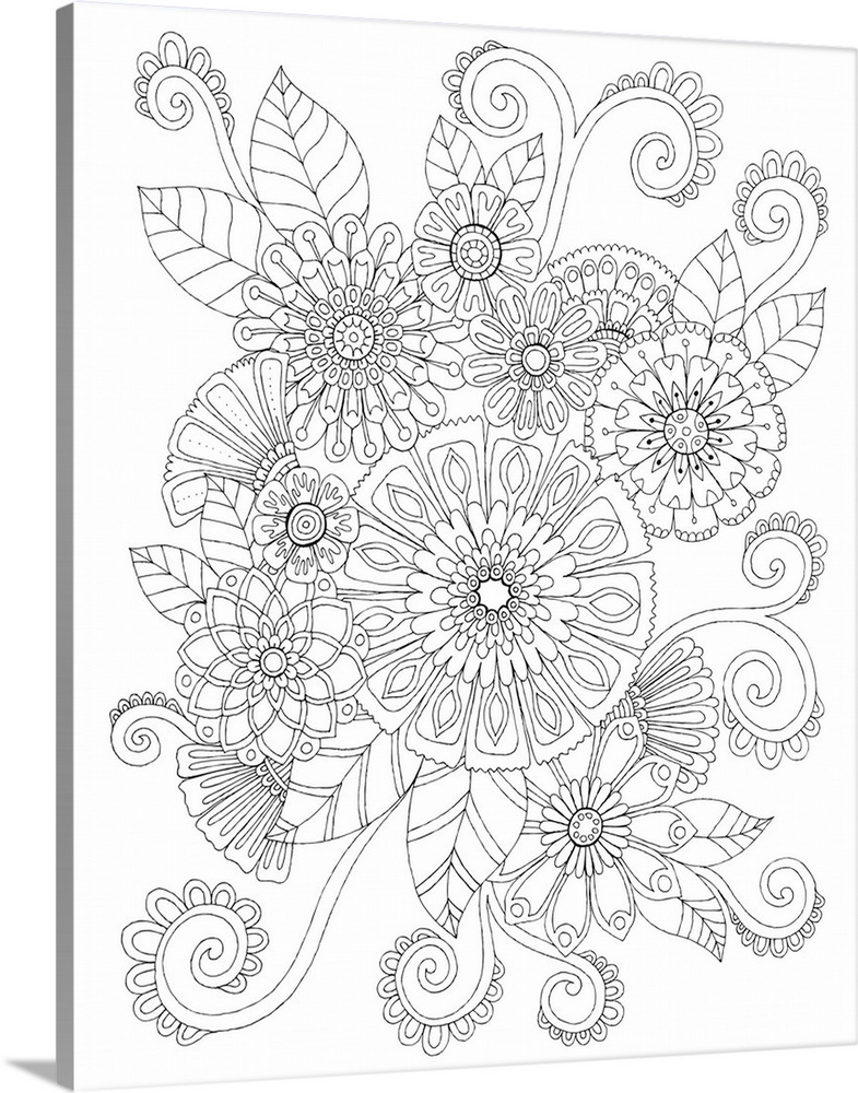 Black and white line art of intricately designed flowers.