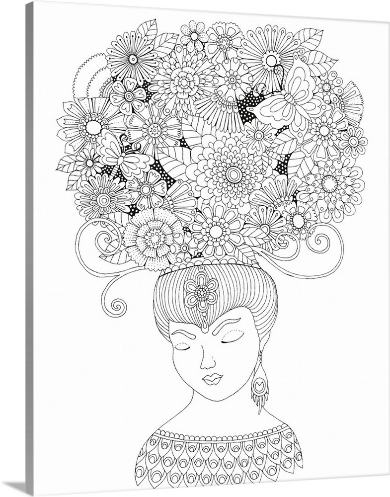 Black and white line art of a woman with her eyes closed and a giant bouquet of flowers on her head.
