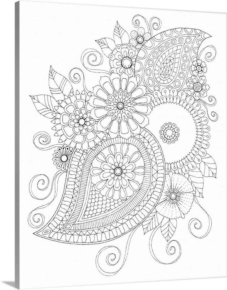 Black and white line art of intricately designed flowers and leaves.