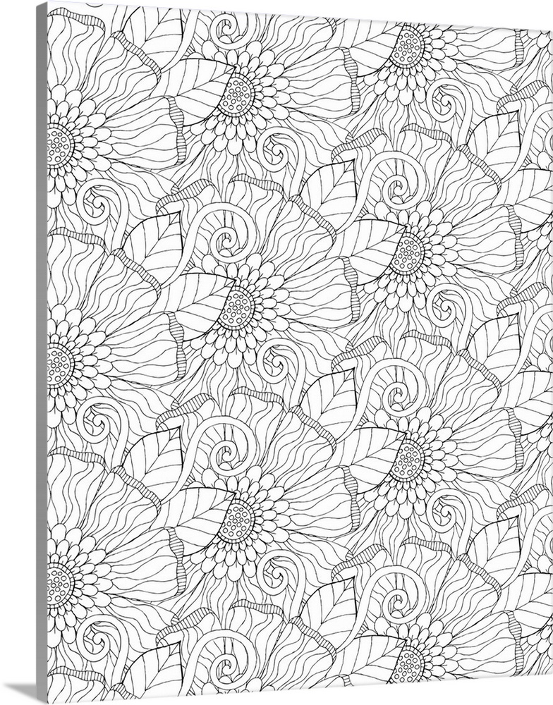 Black and white line art of intricately designed flowers.