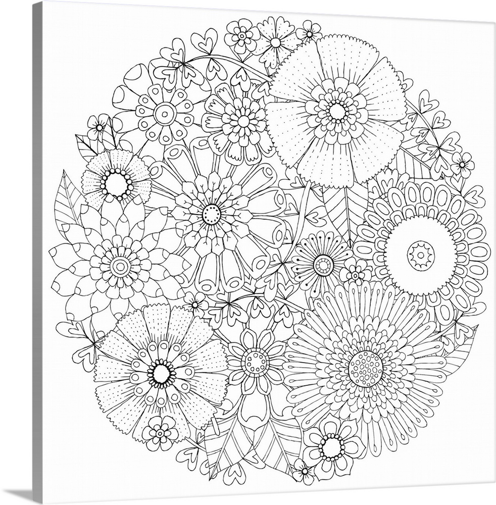 Black and white line art of intricately designed flowers that create a circular shape.