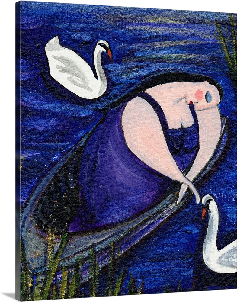 A woman wearing a dark blue dress with two swans.