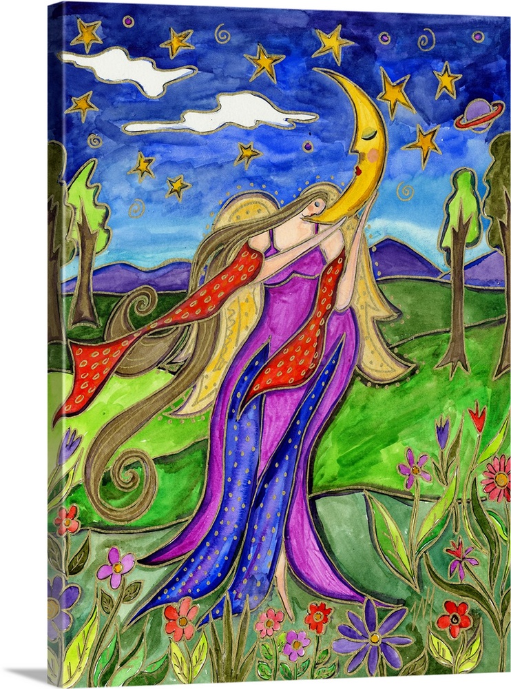 An angel in a flowing dress holding a crescent moon in a garden under a starry sky.