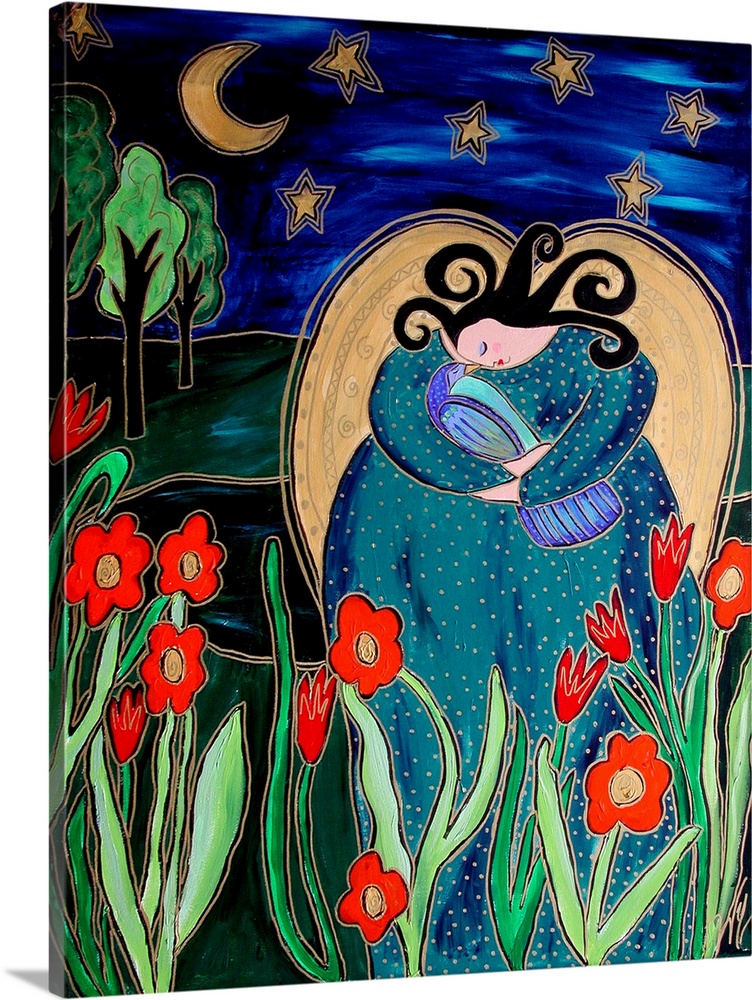A woman holding a bird in a garden of red flowers under a moon and starry sky.