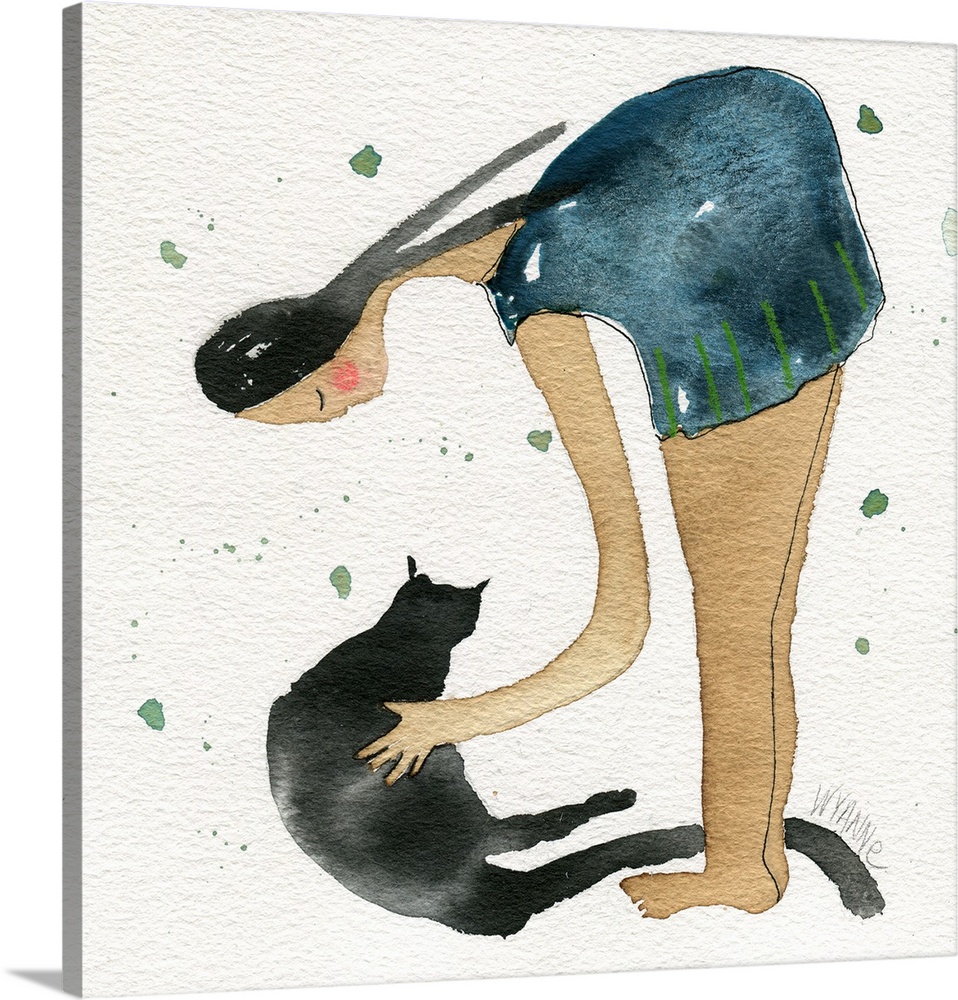 A woman leaning over and holding a black cat.