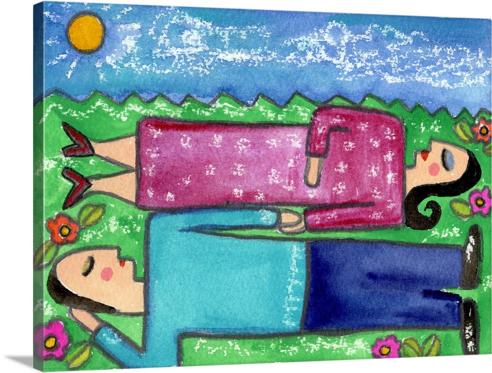 A couple laying in the grass and holding hands, under a blue sky.