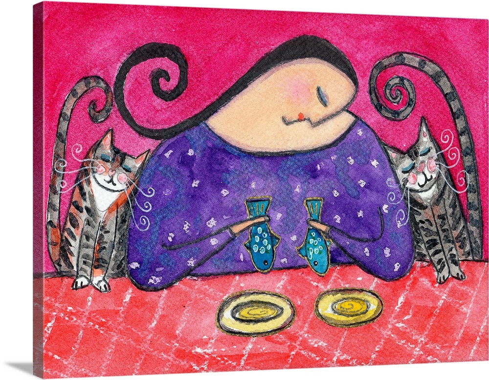 A woman in purple holding two fish with two grey tabby cats next to her.