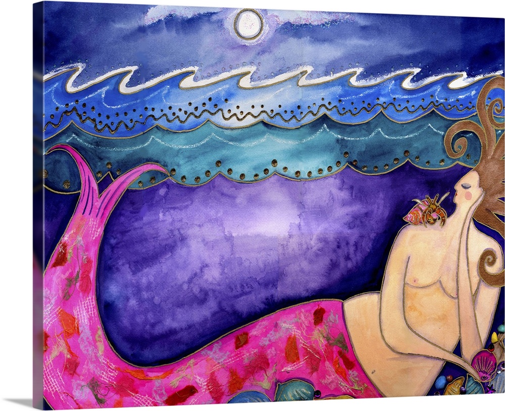 A mermaid with a pink tale under the waves with a collection of shells.