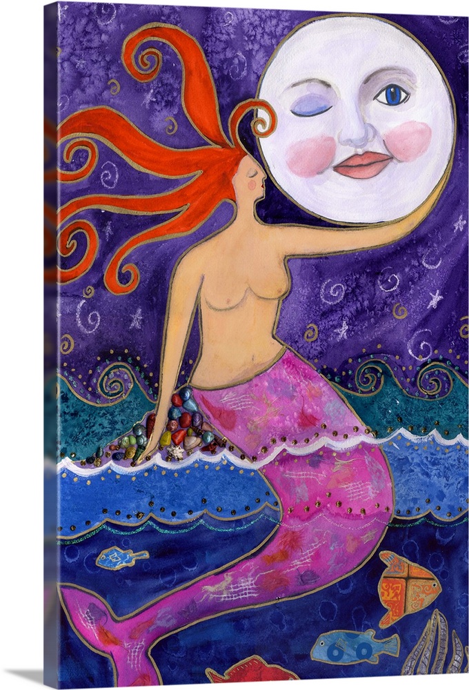 A mermaid with a pink tail holding the moon.