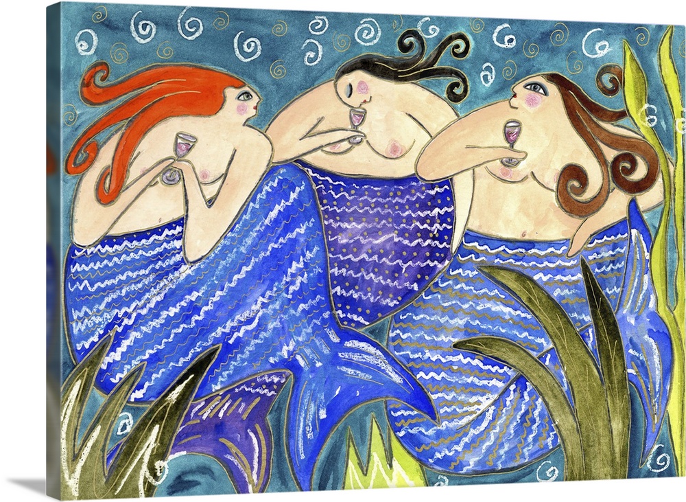 Three mermaids underwater drinking wine from glasses.