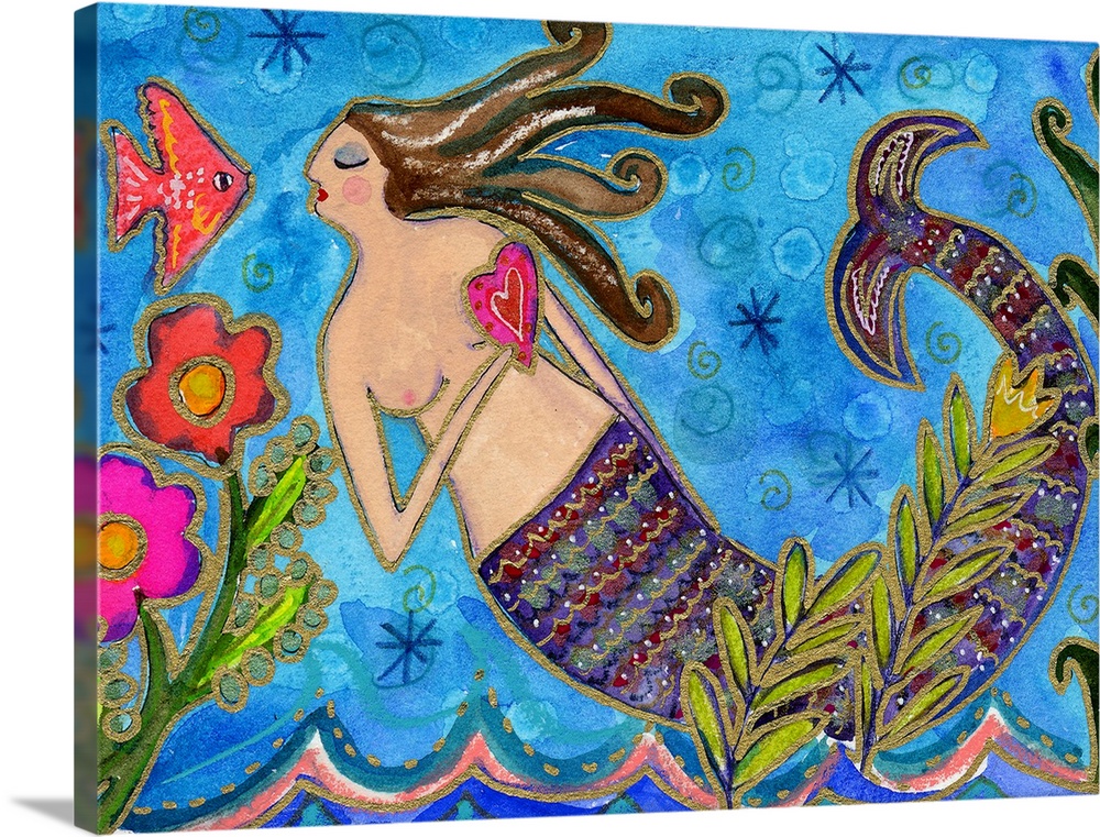 A mermaid with a striped tail holding a heart and looking at a fish.