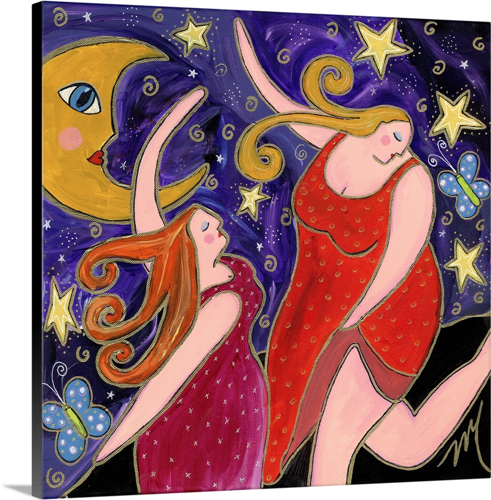 Two women in red dresses dancing under the crescent moon.