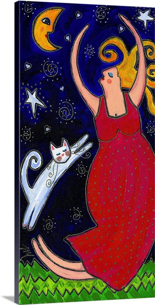 A woman in a red dress with a white cat dancing under the moon.
