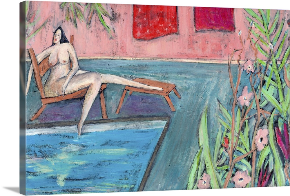 A nude woman sitting by a swimming pool.
