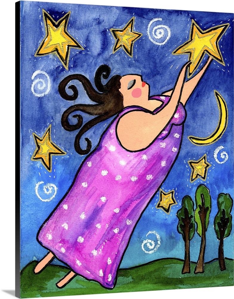 A woman in pink raising her arms toward the stars in the sky.