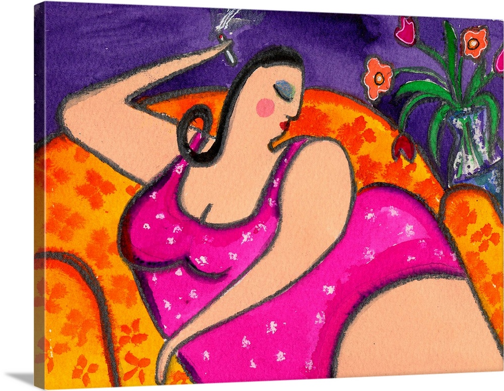 A woman in pink smoking on an orange chair.