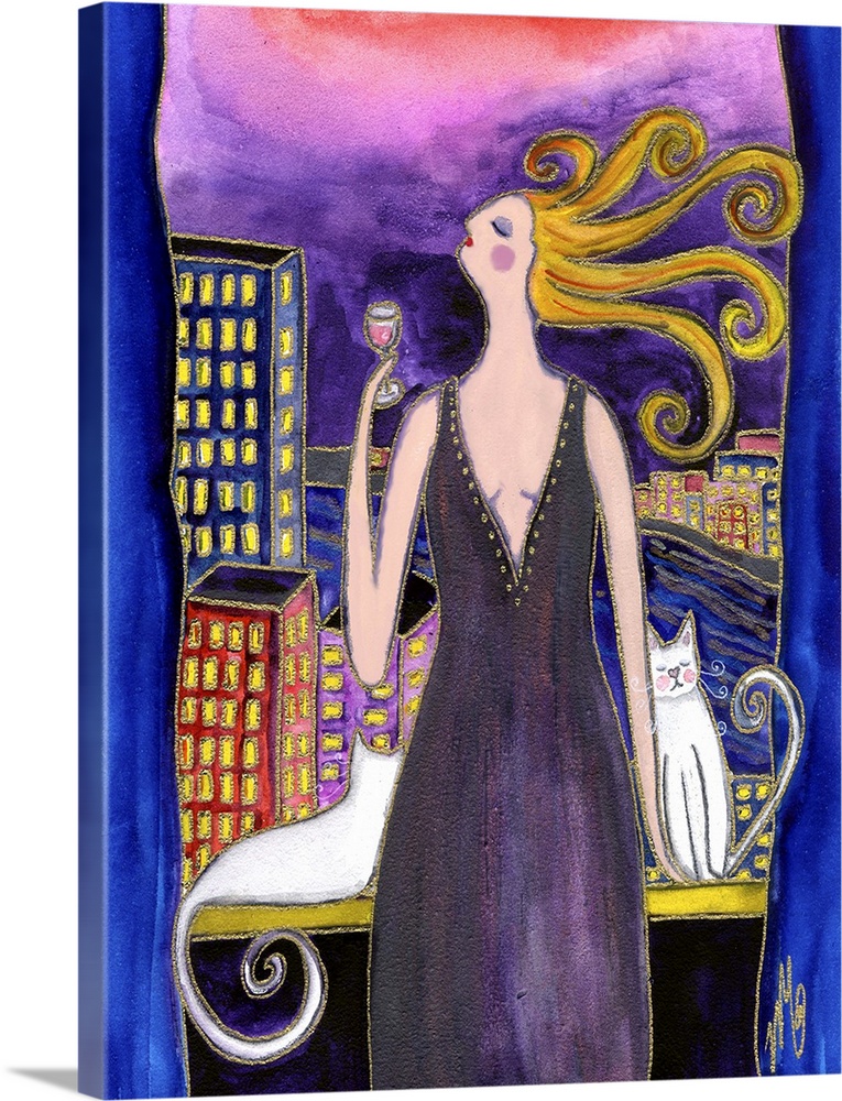 A woman in an evening dress drinking wine, overlooking a city.