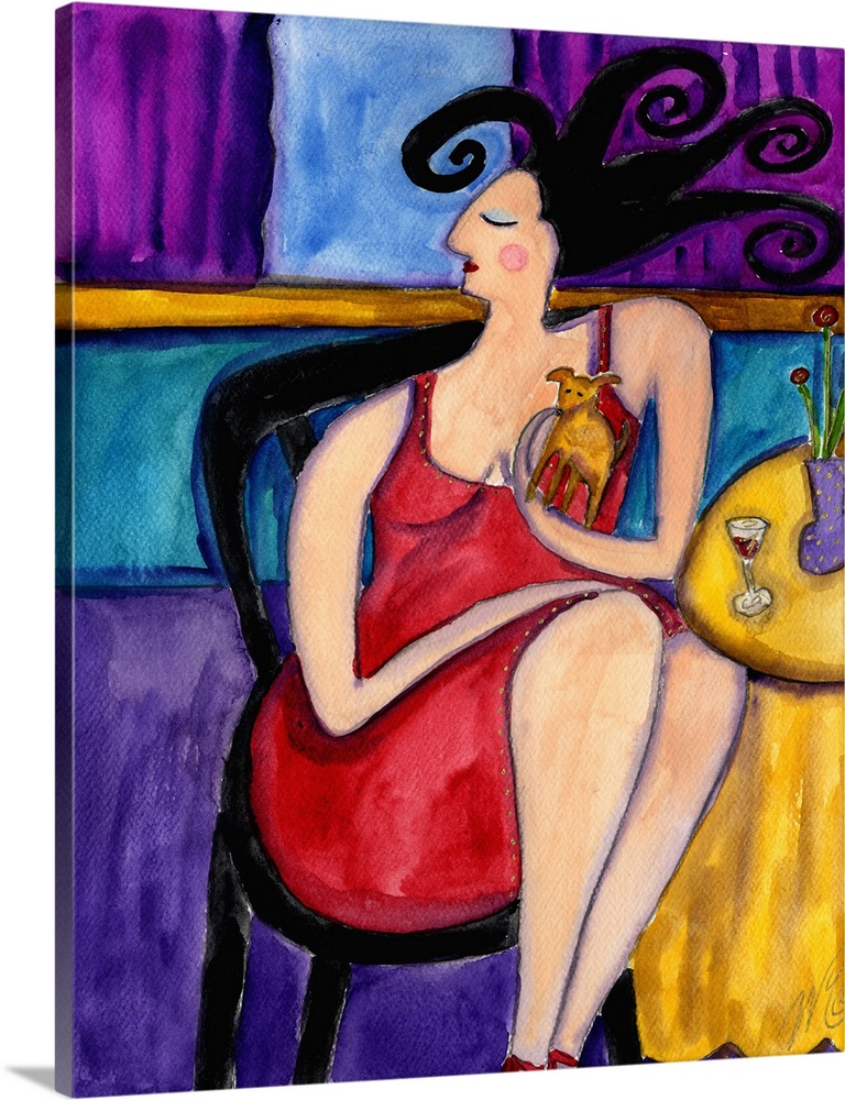 A woman in red at a restaurant, holding a small dog.