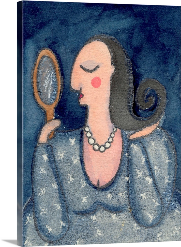 A woman in a grey dress wearing pearls, looking in a small mirror.